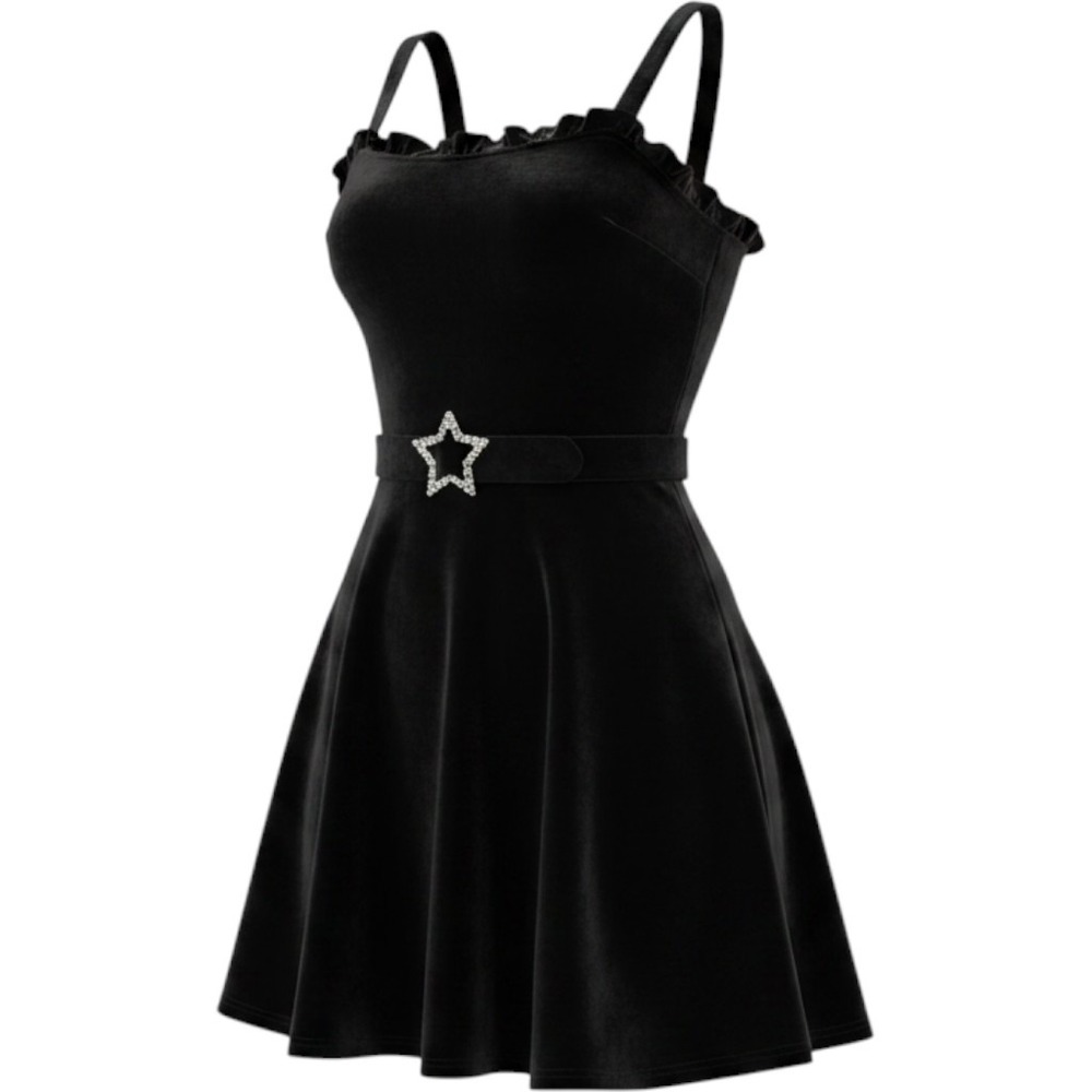 Velvet Sleeveless Belted Fit Flare Dress Black Rhinestone Star L Johnny Wujek - Picture 3 of 7
